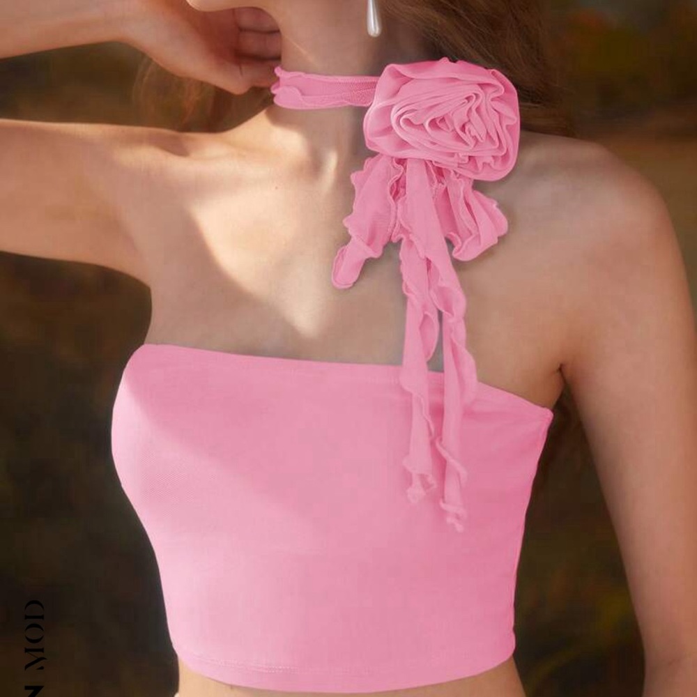 Rose neck tie Pink Crop Top SHEIN
